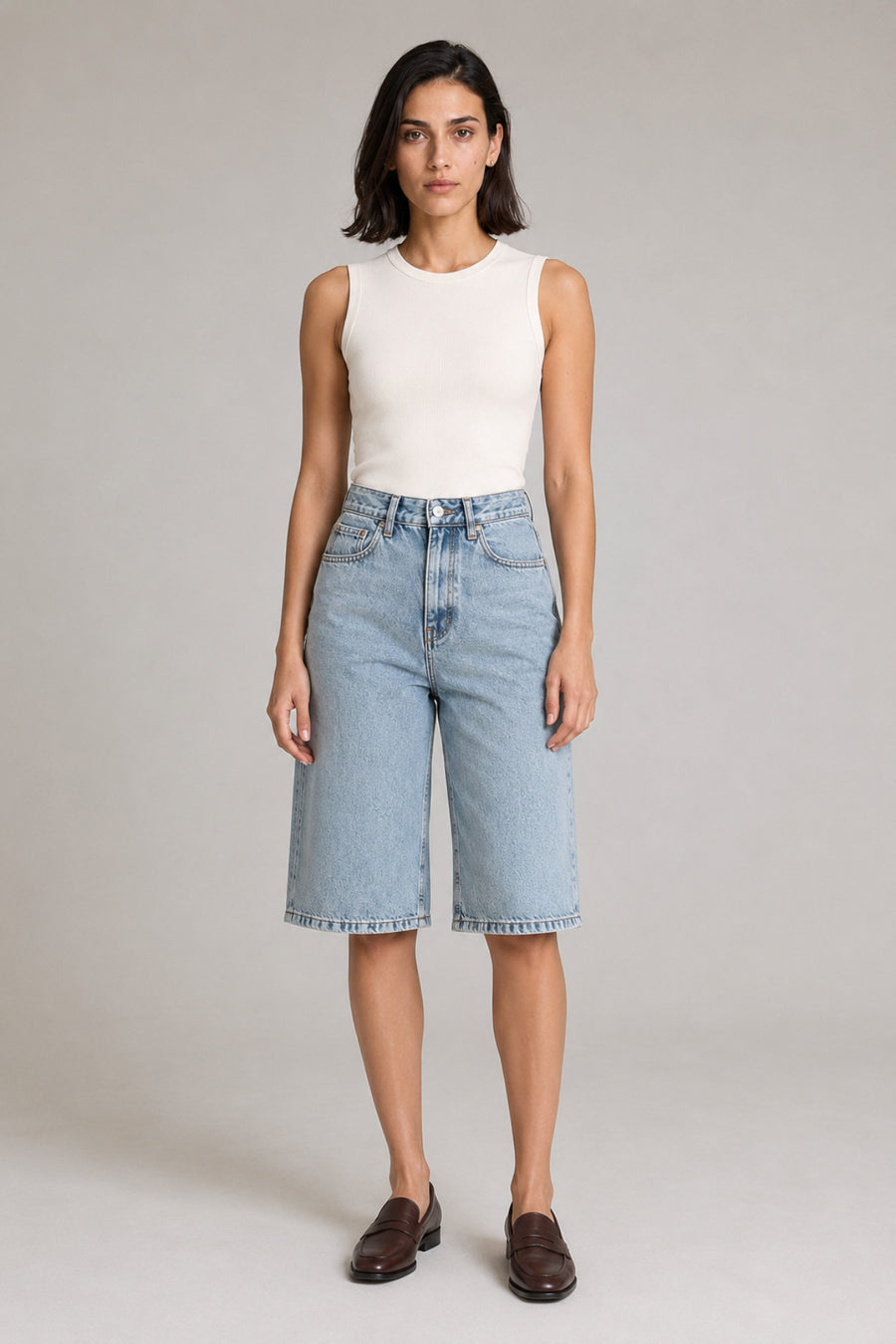 Yüksek Bel Geniş Paça Bermuda Denim Kadın Şort - Ivoire Wear