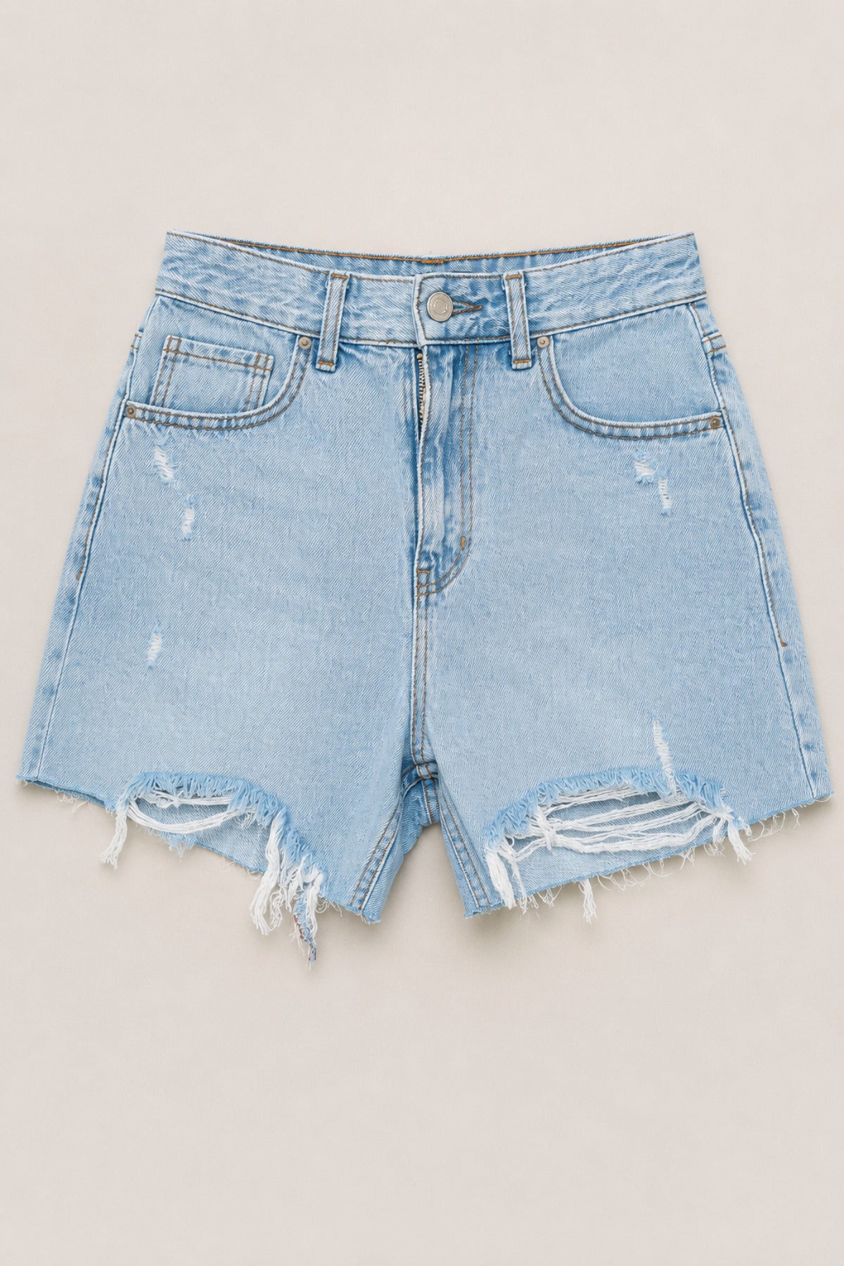 Yüksek Bel Yırtık Detaylı Püsküllü Paça Denim Kadın Şort - Ivoire Wear