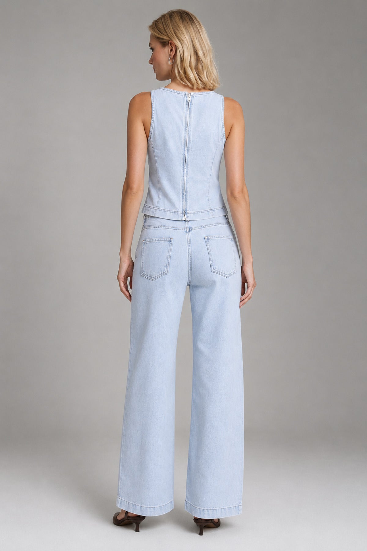 Kolsuz Crop Üst ve Bağcıklı Geniş Paça Kadın Denim Takım - Ivoire Wear