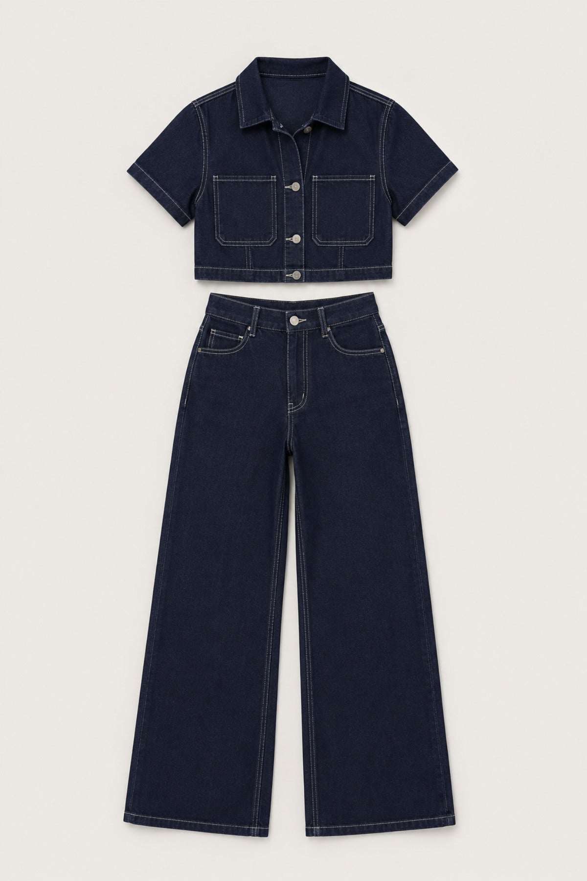 Kontrast Dikişli Crop Gömlek ve Geniş Paça Kadın Denim Takım - Ivoire Wear