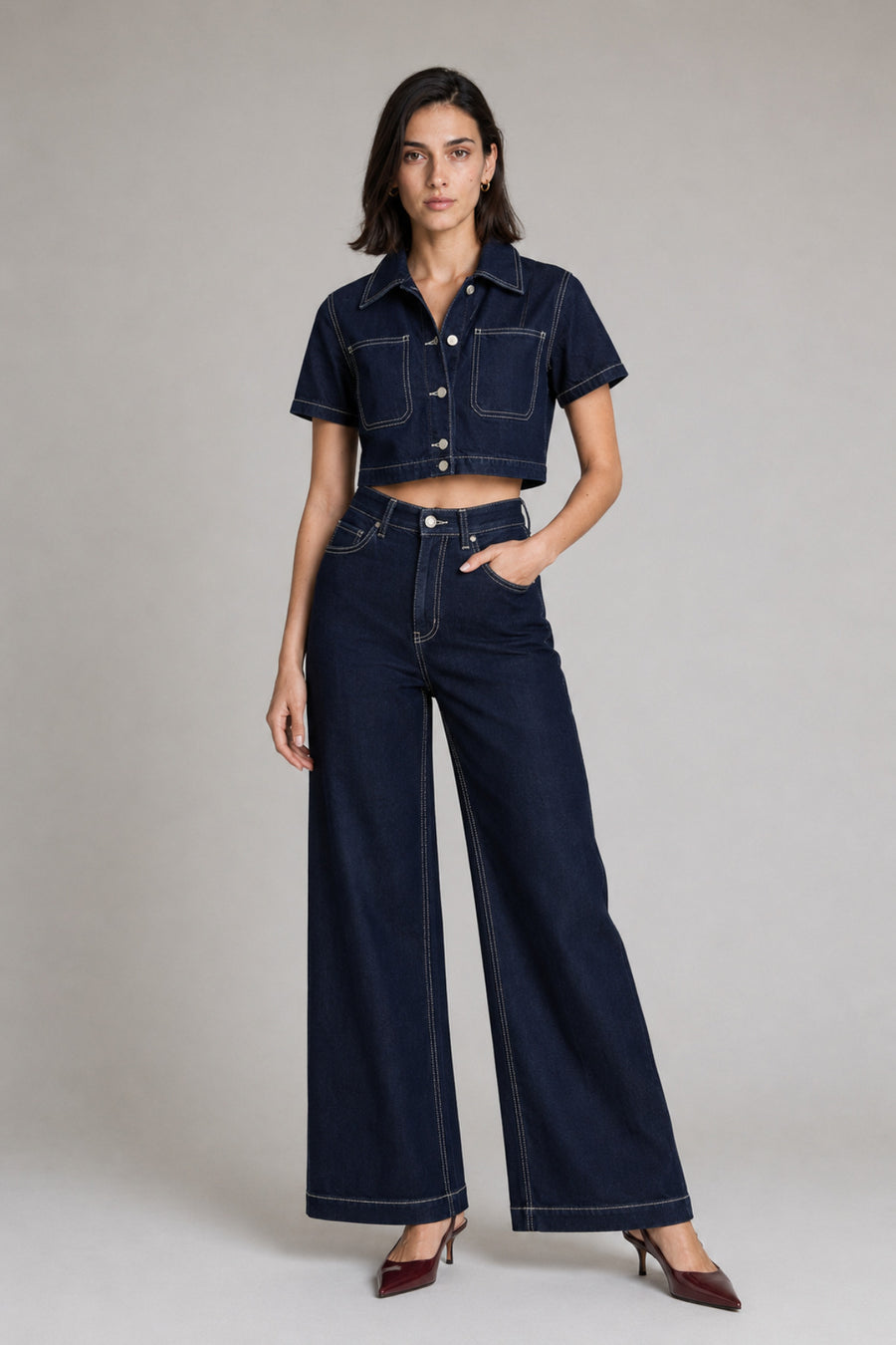 Kontrast Dikişli Crop Gömlek ve Geniş Paça Kadın Denim Takım - Ivoire Wear