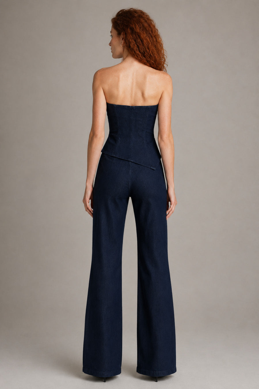 Straplez Taşlı Denim Takım