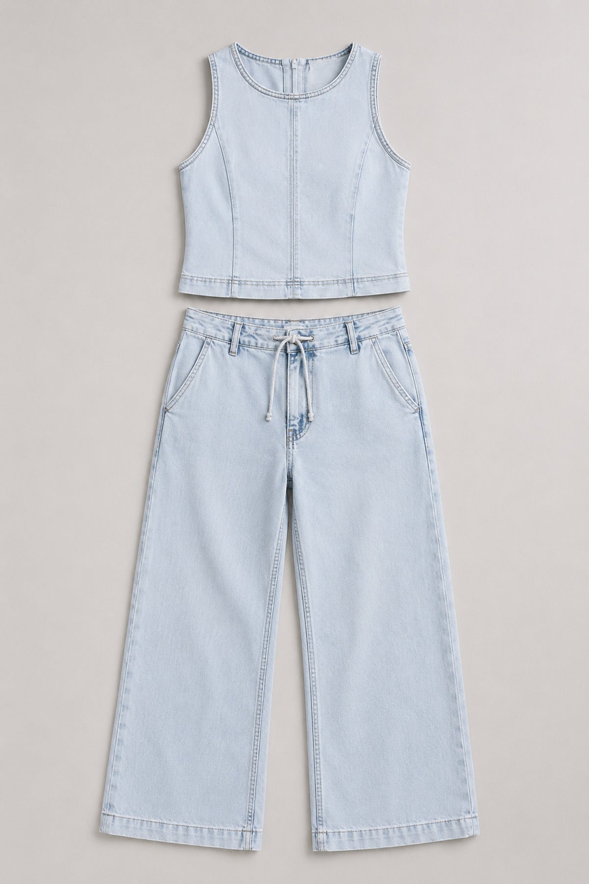 Kolsuz Crop Üst ve Bağcıklı Geniş Paça Kadın Denim Takım - Ivoire Wear