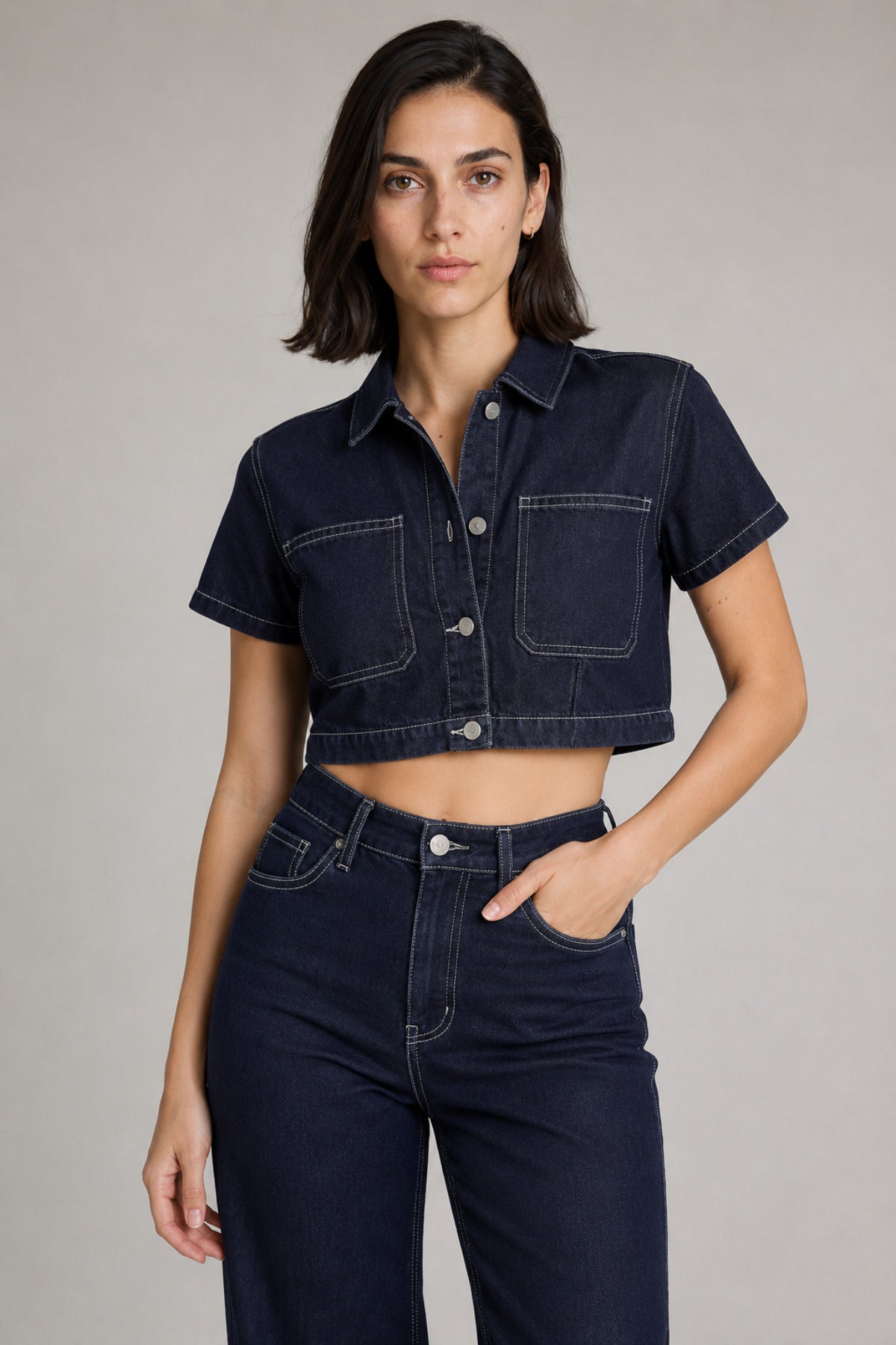 Kontrast Dikişli Crop Gömlek ve Geniş Paça Kadın Denim Takım - Ivoire Wear